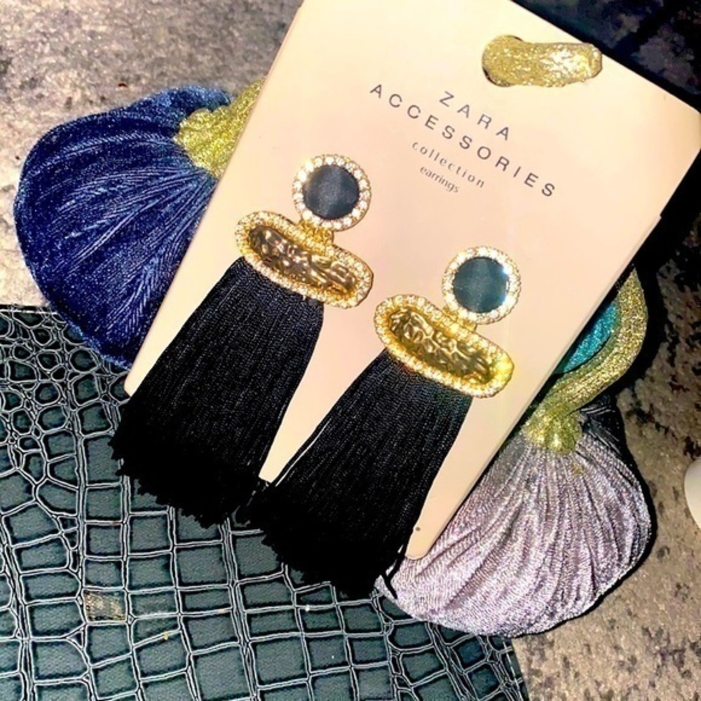 Zara Thick Silk Black Tassel Earrings New limited edition Black/Gold tassels